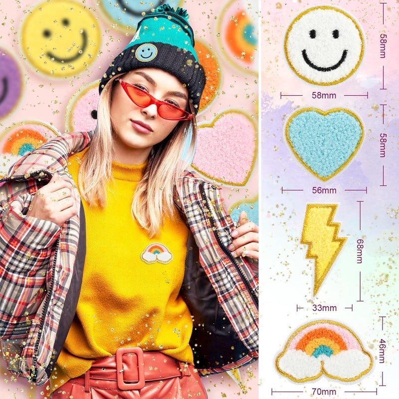 Daily Crafts Daily Crafts 32 pcs Colorful Chenille Embroidered Patches Preppy Iron on Patches for Girls Cute Glitter Lightning Bolt Sew on Applique DIY Craft Accessories for Backpacks Clothing Jackets Hats  - Image 2