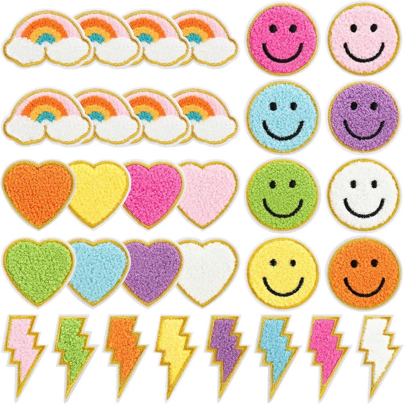 Daily Crafts Daily Crafts 32 pcs Colorful Chenille Embroidered Patches Preppy Iron on Patches for Girls Cute Glitter Lightning Bolt Sew on Applique DIY Craft Accessories for Backpacks Clothing Jackets Hats  - Image 1
