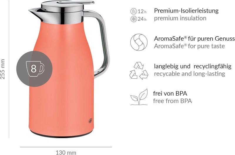Alfi SKYLINE 1.0 L, Deep Apricot, Stainless Steel Vacuum Flask with Hygienic Tempered Glass Insert, Screw Cap with Comfortable Push Button, Ergonomic Handle, Ideal as a Coffee Pot, Teapot, BPA-Free - Image 5
