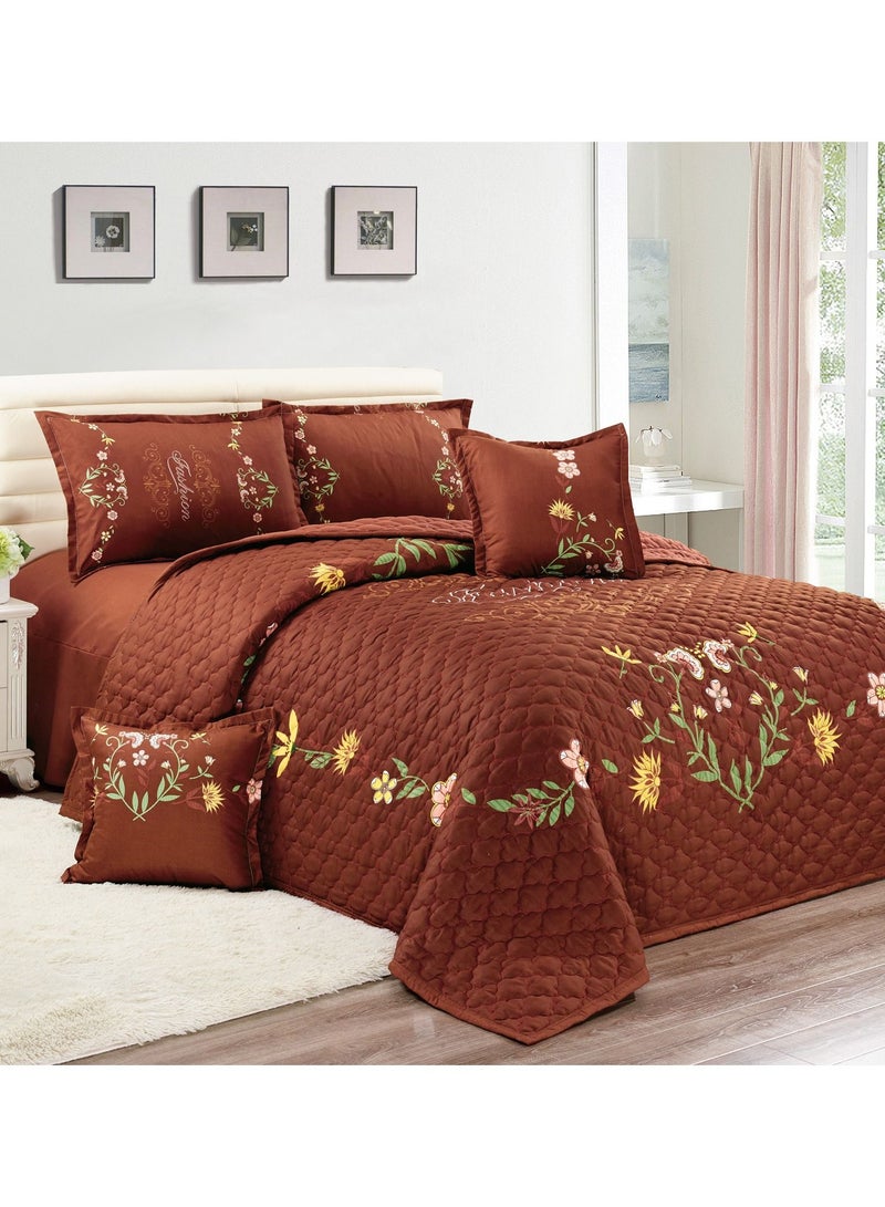 Sleep night Sleep night Floral Compressed 6 Pieces Comforter Set King Size 220 X 240 Cm All Season Reversible Bedding Set Geometric Quilted Stitching Design Brown  - Image 1