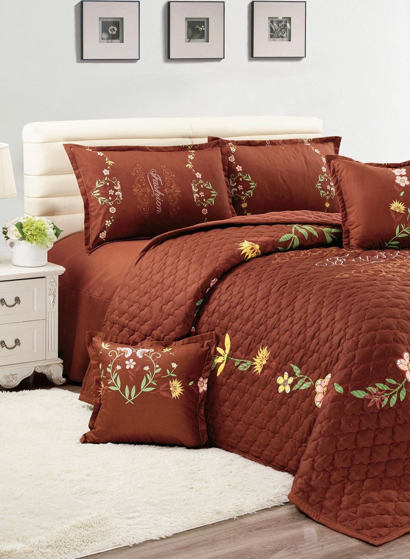 Sleep night Sleep night Floral Compressed 6 Pieces Comforter Set King Size 220 X 240 Cm All Season Reversible Bedding Set Geometric Quilted Stitching Design Brown  - Image 3