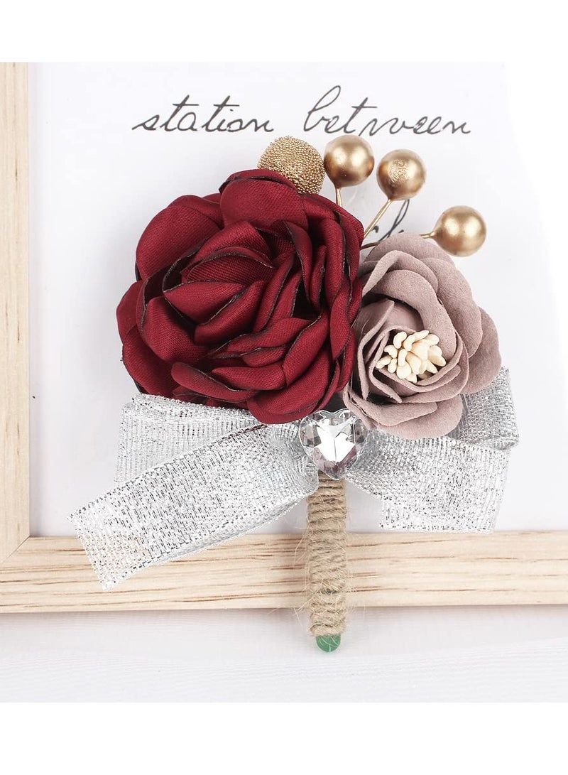 KASTWAVE Wrist Corsage,Corsage and Boutonniere Set, Bridesmaid Wedding Flower Corsages and Hand Flower Set of 2,  Rose Wrist Corsage Ribbon Bracelet for Wedding Prom Party, Artificial Flower (Red) - Image 5