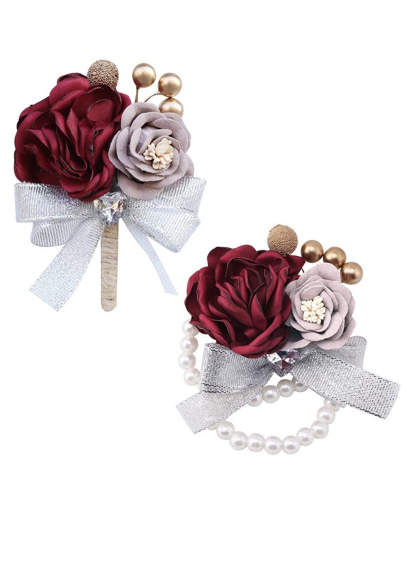 KASTWAVE Wrist Corsage,Corsage and Boutonniere Set, Bridesmaid Wedding Flower Corsages and Hand Flower Set of 2,  Rose Wrist Corsage Ribbon Bracelet for Wedding Prom Party, Artificial Flower (Red) - Image 1