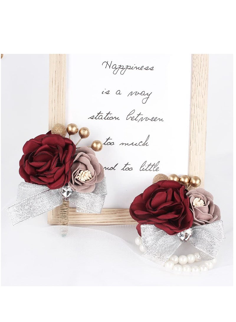 KASTWAVE Wrist Corsage,Corsage and Boutonniere Set, Bridesmaid Wedding Flower Corsages and Hand Flower Set of 2,  Rose Wrist Corsage Ribbon Bracelet for Wedding Prom Party, Artificial Flower (Red) - Image 2