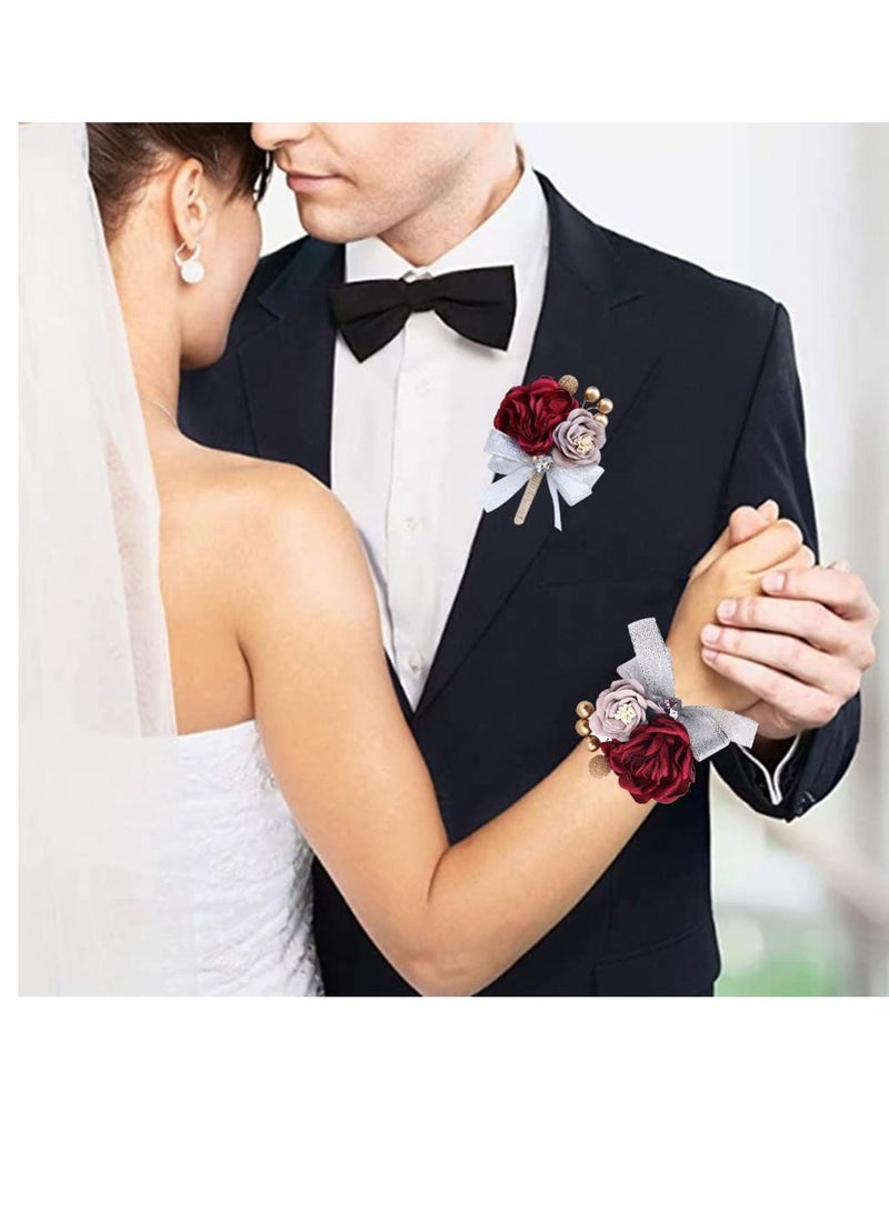 KASTWAVE Wrist Corsage,Corsage and Boutonniere Set, Bridesmaid Wedding Flower Corsages and Hand Flower Set of 2,  Rose Wrist Corsage Ribbon Bracelet for Wedding Prom Party, Artificial Flower (Red) - Image 3