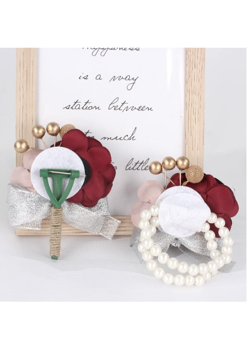 KASTWAVE Wrist Corsage,Corsage and Boutonniere Set, Bridesmaid Wedding Flower Corsages and Hand Flower Set of 2,  Rose Wrist Corsage Ribbon Bracelet for Wedding Prom Party, Artificial Flower (Red) - Image 4