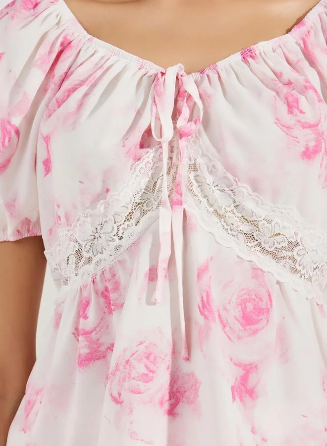 Styli Rosey Floral Lace Insert Gather Detail Top & Pyjama Set