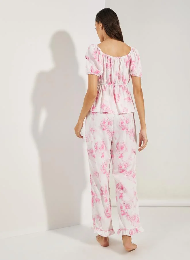Styli Rosey Floral Lace Insert Gather Detail Top & Pyjama Set