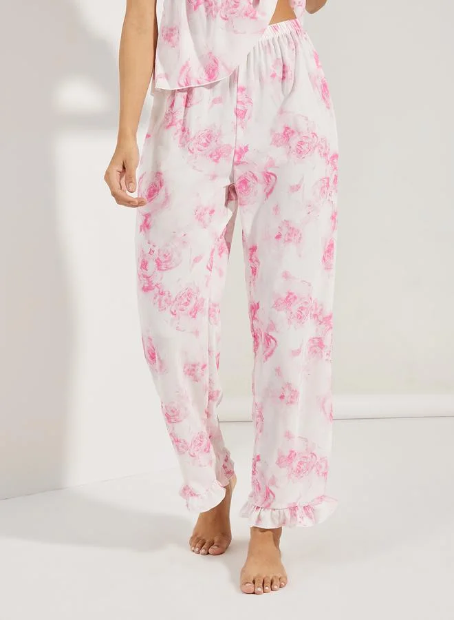 Styli Rosey Floral Lace Insert Gather Detail Top & Pyjama Set