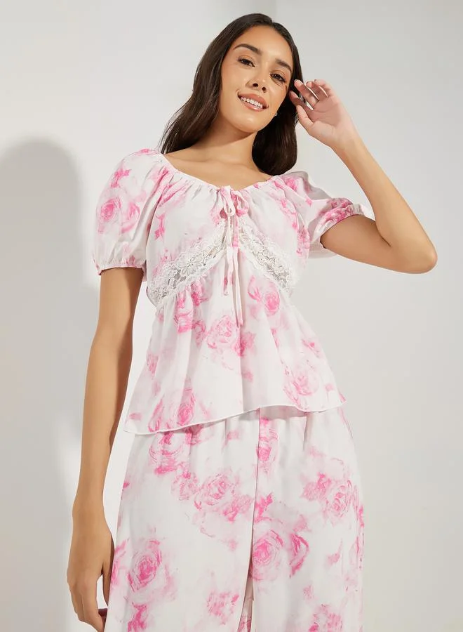 Styli Rosey Floral Lace Insert Gather Detail Top & Pyjama Set