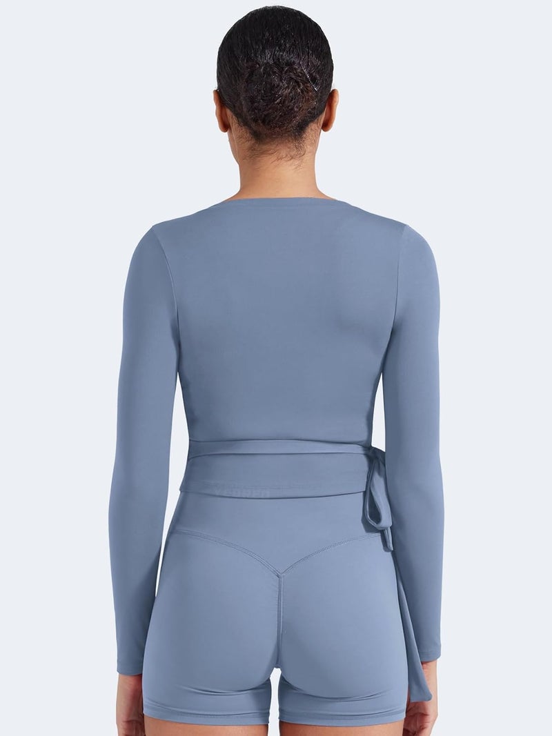 YEOREO Women Pilates Wrap Top Long Sleeve Tie Ballet Workout Yoga Shirt Michelie Y2K V Neck Cropped Tops - Image 4