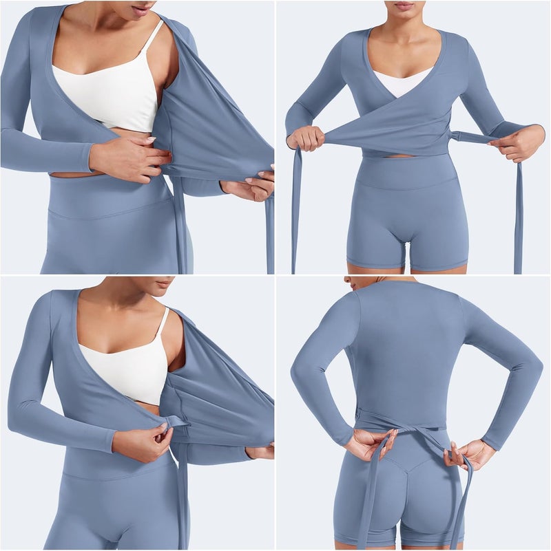 YEOREO Women Pilates Wrap Top Long Sleeve Tie Ballet Workout Yoga Shirt Michelie Y2K V Neck Cropped Tops - Image 2