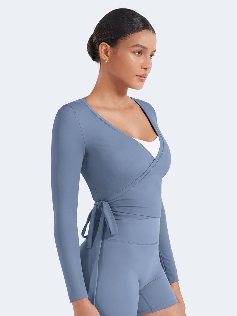 YEOREO Women Pilates Wrap Top Long Sleeve Tie Ballet Workout Yoga Shirt Michelie Y2K V Neck Cropped Tops - Image 5