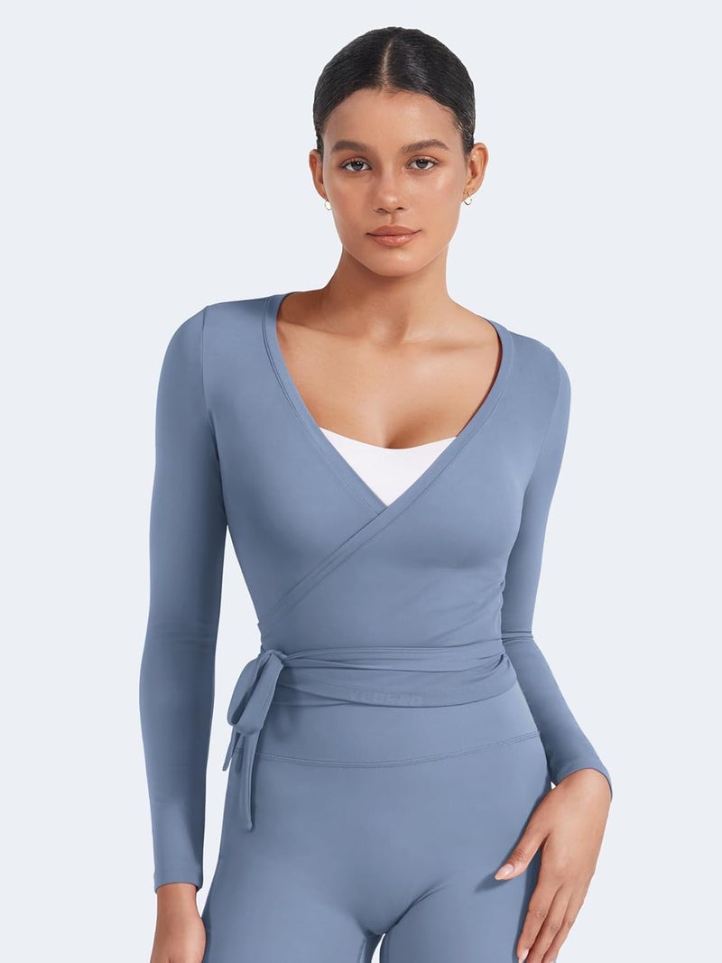 YEOREO Women Pilates Wrap Top Long Sleeve Tie Ballet Workout Yoga Shirt Michelie Y2K V Neck Cropped Tops - Image 3