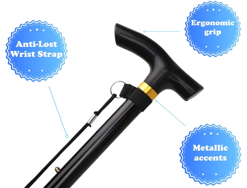 Comfkey Folding Lightweight Walking Stick - Adjustable Aluminum Metal Collapsible Travel Cane with Non-Slip Rubber Base (Black) - Image 2