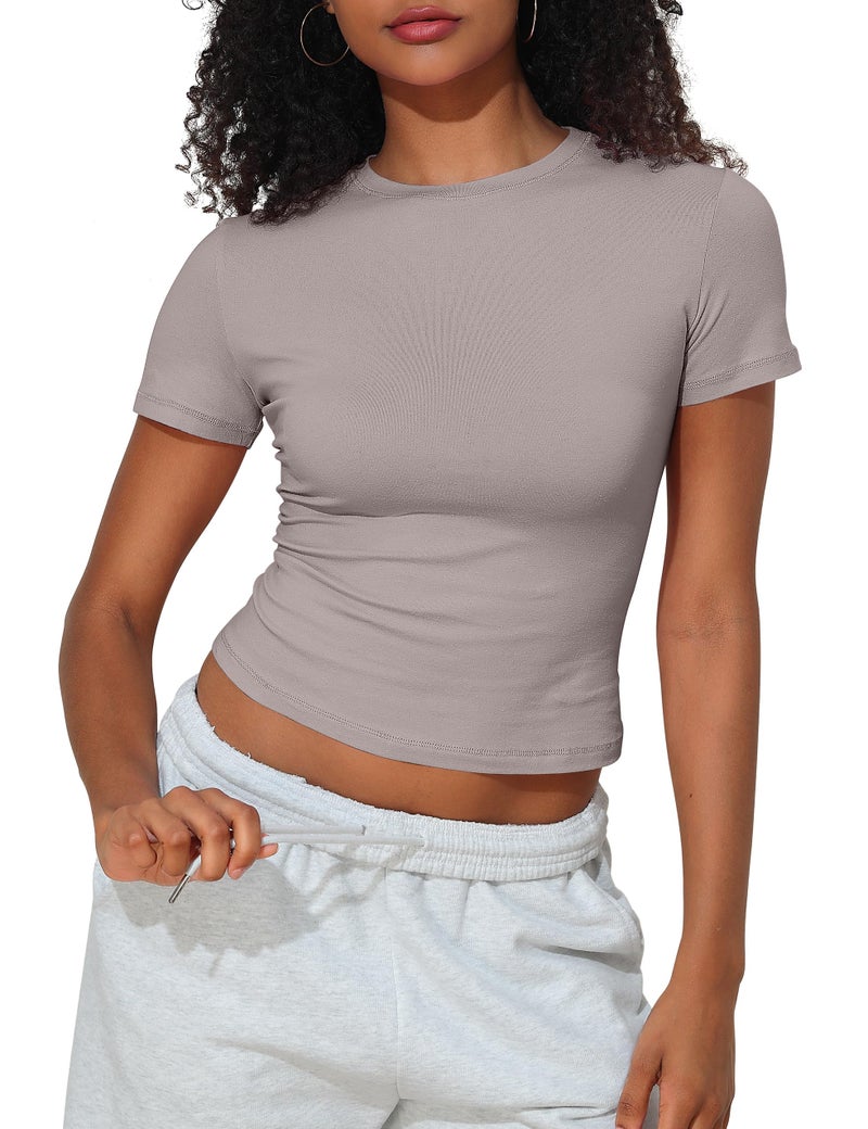 PrettyGuide Women's Casual Basic Going Out Tops Cotton Tee Slim Fit Short Sleeve Crew Neck Tight Crop T Shirts Oyster S - Image 1