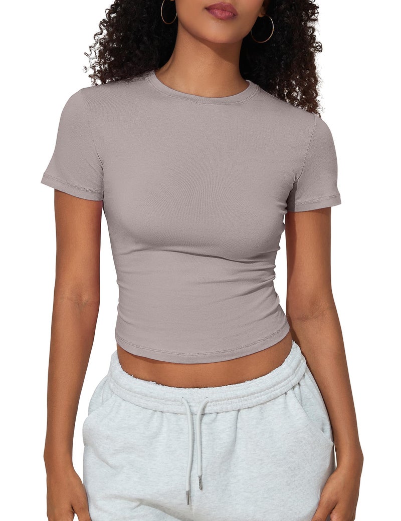 PrettyGuide Women's Casual Basic Going Out Tops Cotton Tee Slim Fit Short Sleeve Crew Neck Tight Crop T Shirts Oyster S - Image 4