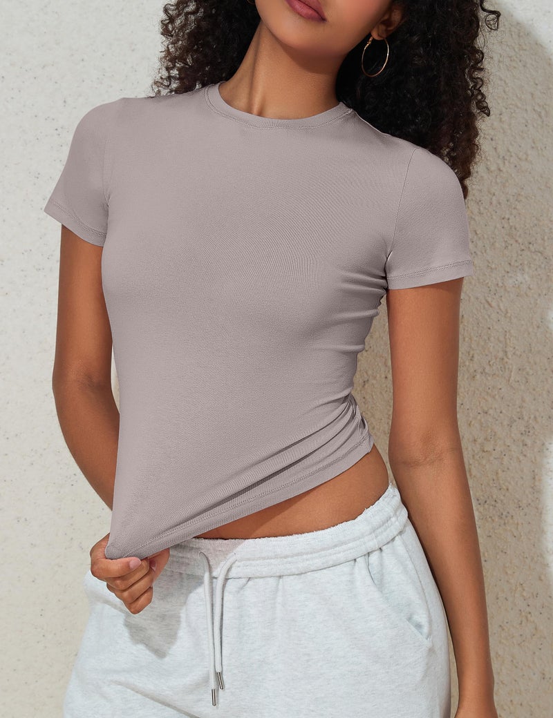 PrettyGuide Women's Casual Basic Going Out Tops Cotton Tee Slim Fit Short Sleeve Crew Neck Tight Crop T Shirts Oyster S - Image 5
