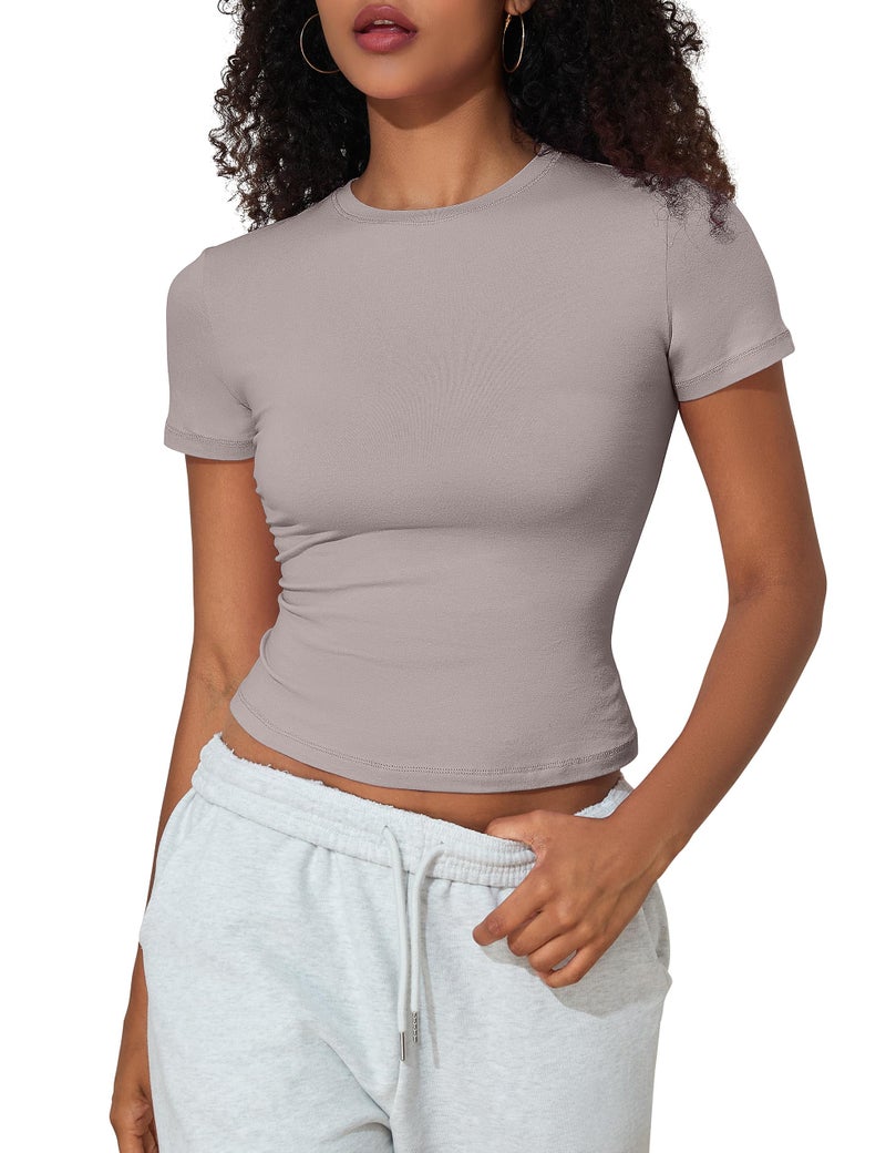 PrettyGuide Women's Casual Basic Going Out Tops Cotton Tee Slim Fit Short Sleeve Crew Neck Tight Crop T Shirts Oyster S - Image 2
