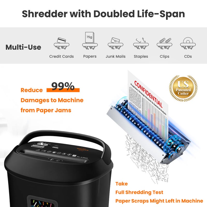VidaTeco Paper Shredder 14-Sheet Cross-Cut Shredder with US Patented Cutter,Also Shreds Card/CD,Heavy Duty Paper Shredding Machine for Home Office,Fast with Jam Proof System,6.6-Gallon Basket (ETL) - Image 2