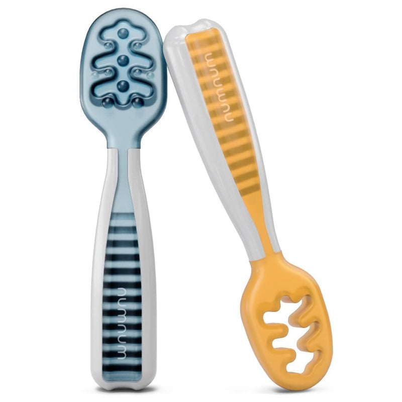 Infatot مجموعة ملاعق NumNum للأطفال، أدوات GOOtensils للأطفال من عمر 6 أشهر فما فوق - المرحلة الأولى، ملعقة التسنين للأطفال - التغذية الذاتية، أدوات طعام سيليكون للأطفال - ملعقتان، أزرق/برتقالي - Image 1