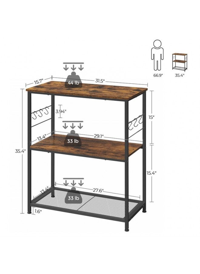 VASAGLE Bakers Rack, Kitchen Shelf, Kitchen Island, Microwave Oven Stand with 3 Open Shelves, 6 Hooks, Metal Frame, 15.7 x 31.5 x 35.4 Inches, Industrial, Rustic Brown and Black UKKI002B01 - Image 3