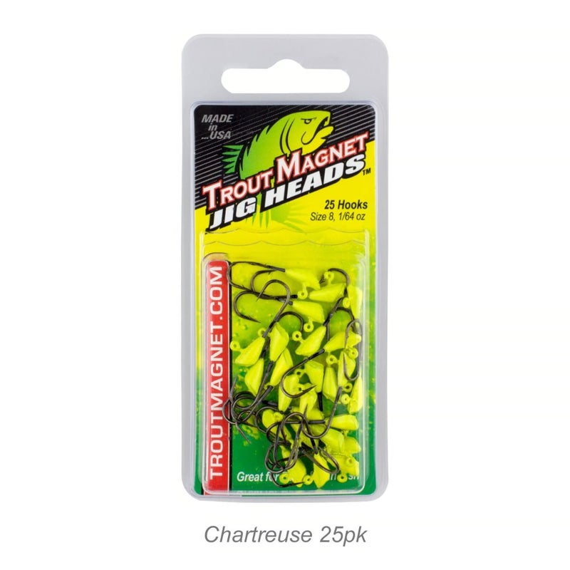 Trout Magnet Jig Heads - 1/64 oz Chartreuse 25 Pack - Shad Dart Head Shape Hook with Lure Body Securing Barb - Balanced Jigs and Hooks for Trout Crappie Bass Panfish - Freshwater Saltwater Fishing - Image 3