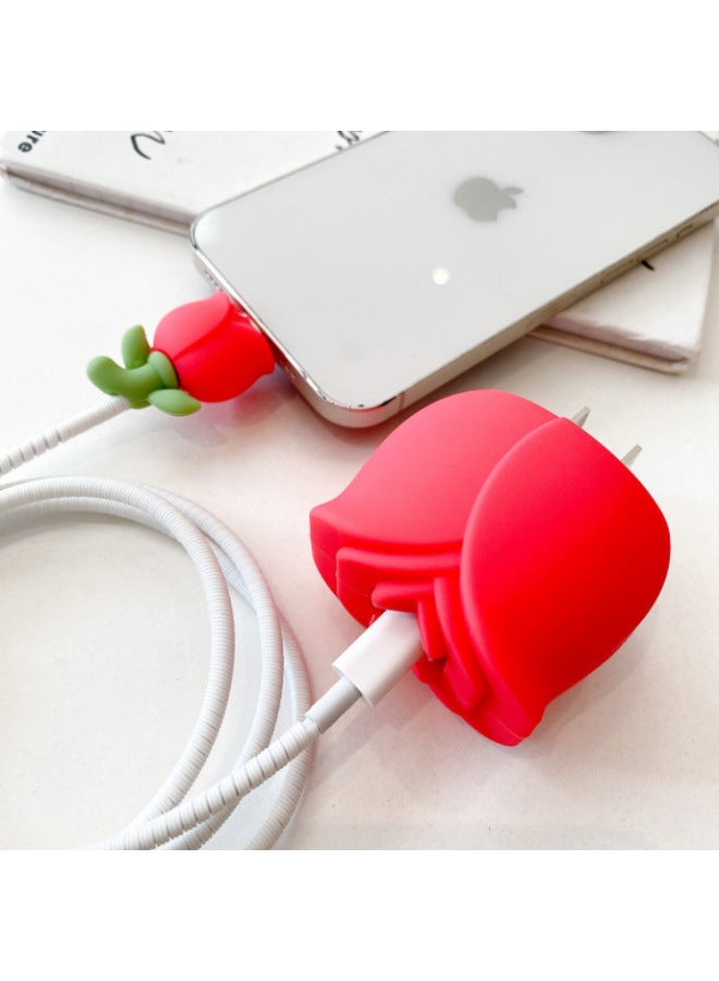 2024 Four-piece Charger Protective Cover For Apple 15 Fast Charging Protective Cover 18W/20W Charger-Specifications:103. Red Rose (set Of Four) Big And Small Heads + 1.4m Wire Rope + Tie - Image 1