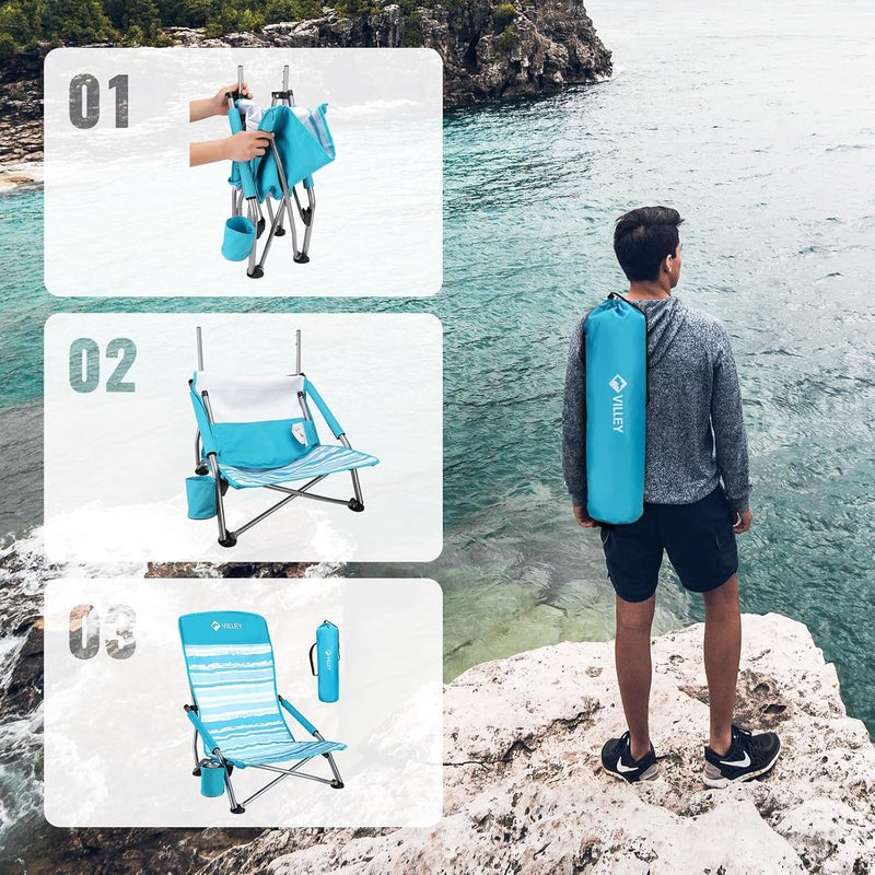 VILLEY Low Beach Chairs for Adults 2 Pack, High Back Folding Beach Chairs, Lightweight and Portable for Outdoor, Camping, Lawn, Music Festival, with Cup Holder and Carry Bag (Blue Stripes) - Image 5