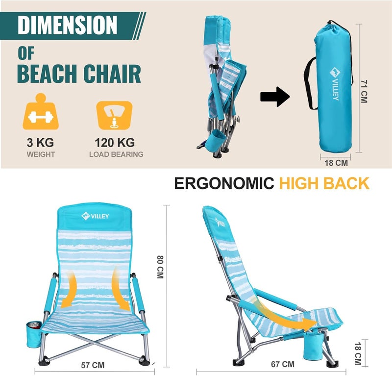 VILLEY Low Beach Chairs for Adults 2 Pack, High Back Folding Beach Chairs, Lightweight and Portable for Outdoor, Camping, Lawn, Music Festival, with Cup Holder and Carry Bag (Blue Stripes) - Image 2