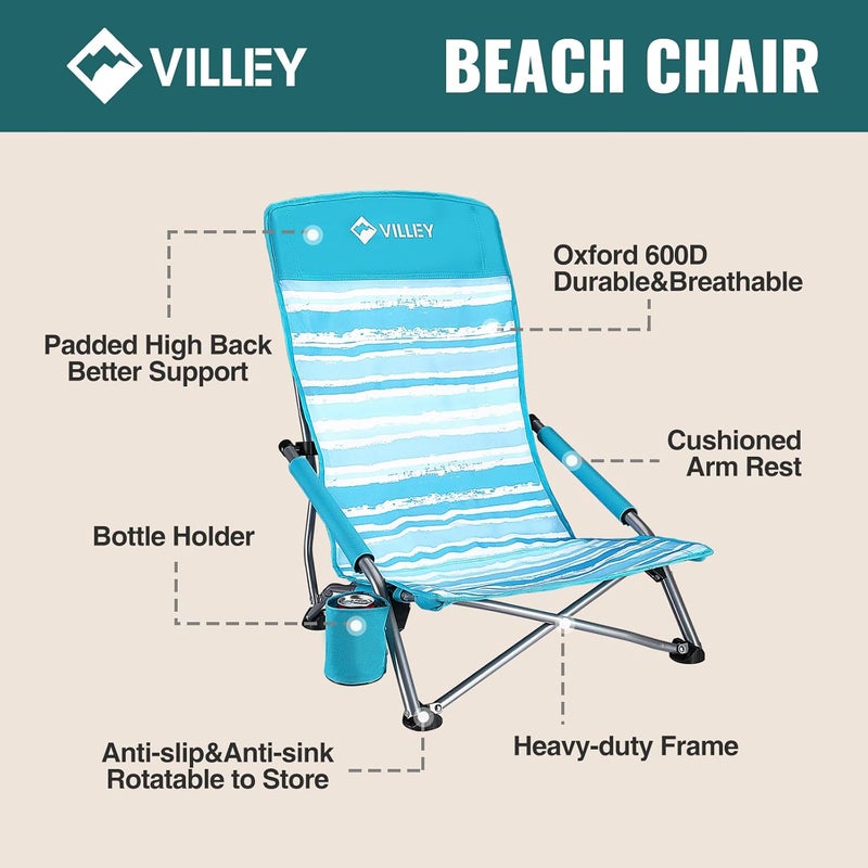 VILLEY Low Beach Chairs for Adults 2 Pack, High Back Folding Beach Chairs, Lightweight and Portable for Outdoor, Camping, Lawn, Music Festival, with Cup Holder and Carry Bag (Blue Stripes) - Image 4