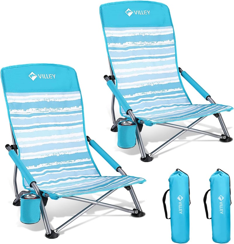 VILLEY Low Beach Chairs for Adults 2 Pack, High Back Folding Beach Chairs, Lightweight and Portable for Outdoor, Camping, Lawn, Music Festival, with Cup Holder and Carry Bag (Blue Stripes) - Image 1