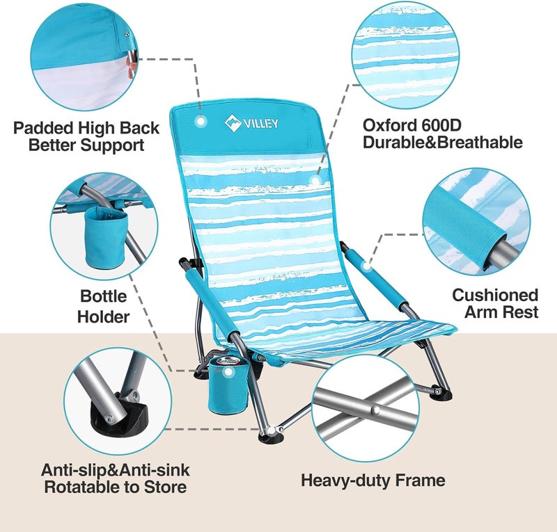 VILLEY Low Beach Chairs for Adults 2 Pack, High Back Folding Beach Chairs, Lightweight and Portable for Outdoor, Camping, Lawn, Music Festival, with Cup Holder and Carry Bag (Blue Stripes) - Image 3