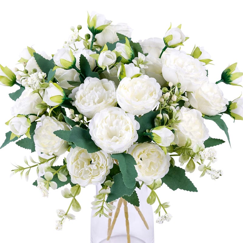 Floweroyal 4 Bunches Peony Artificial Flowers White Flowers Silk Peonies Bouquets for Wedding Party Table Centerpieces Floral Arrangement Home Kitchen Decor. - Image 1
