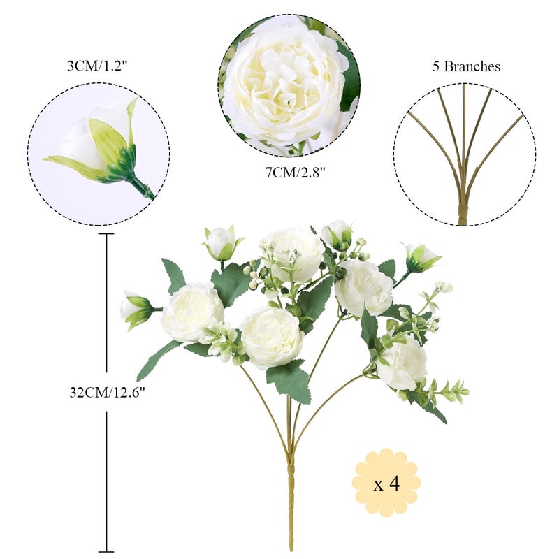 Floweroyal 4 Bunches Peony Artificial Flowers White Flowers Silk Peonies Bouquets for Wedding Party Table Centerpieces Floral Arrangement Home Kitchen Decor. - Image 2