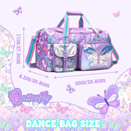 Oruiji Butterfly Kids Duffle Bag Girls Travel Bag Overnight Dance Sleepover Bags for Girls Gymnastics Sports Bags for Kids with Shoe Compartment - Image 3