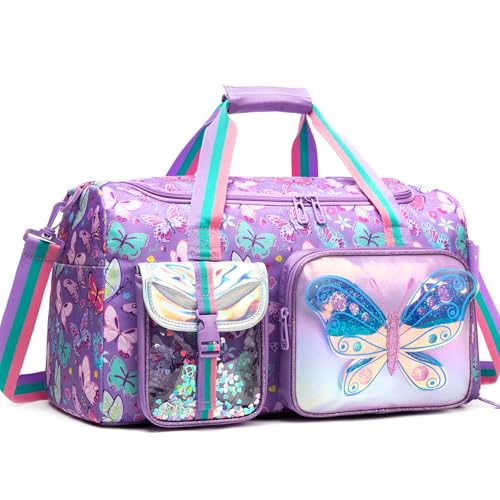 Oruiji Butterfly Kids Duffle Bag Girls Travel Bag Overnight Dance Sleepover Bags for Girls Gymnastics Sports Bags for Kids with Shoe Compartment - Image 1