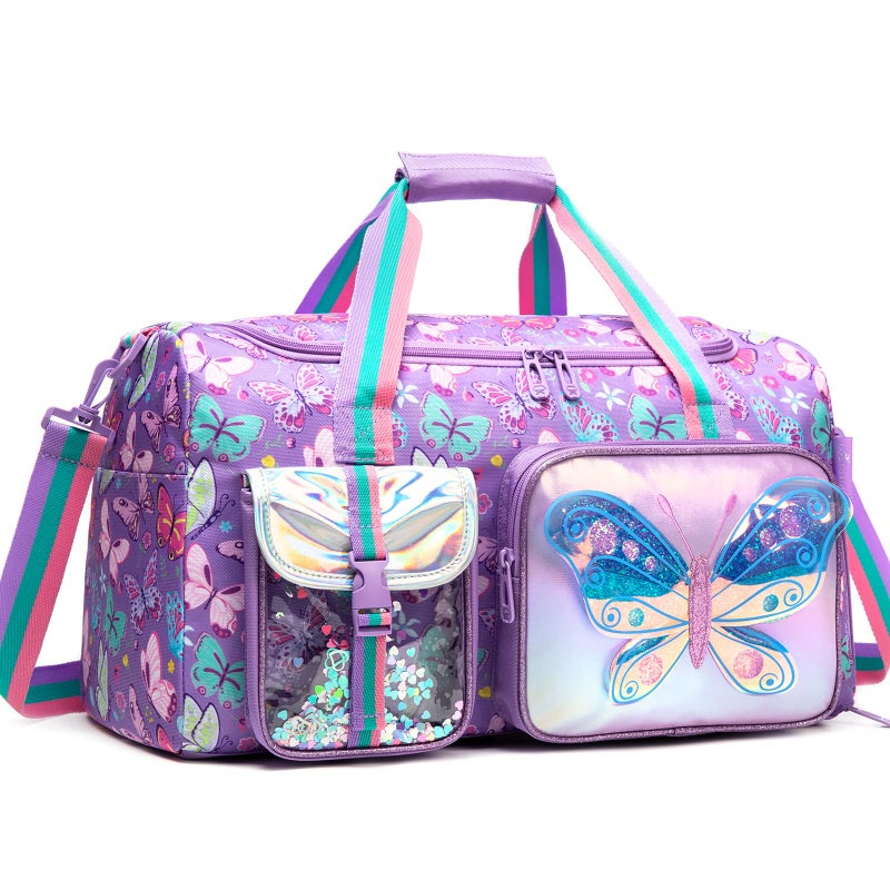 Oruiji Butterfly Kids Duffle Bag Girls Travel Bag Overnight Dance Sleepover Bags for Girls Gymnastics Sports Bags for Kids with Shoe Compartment - Image 2