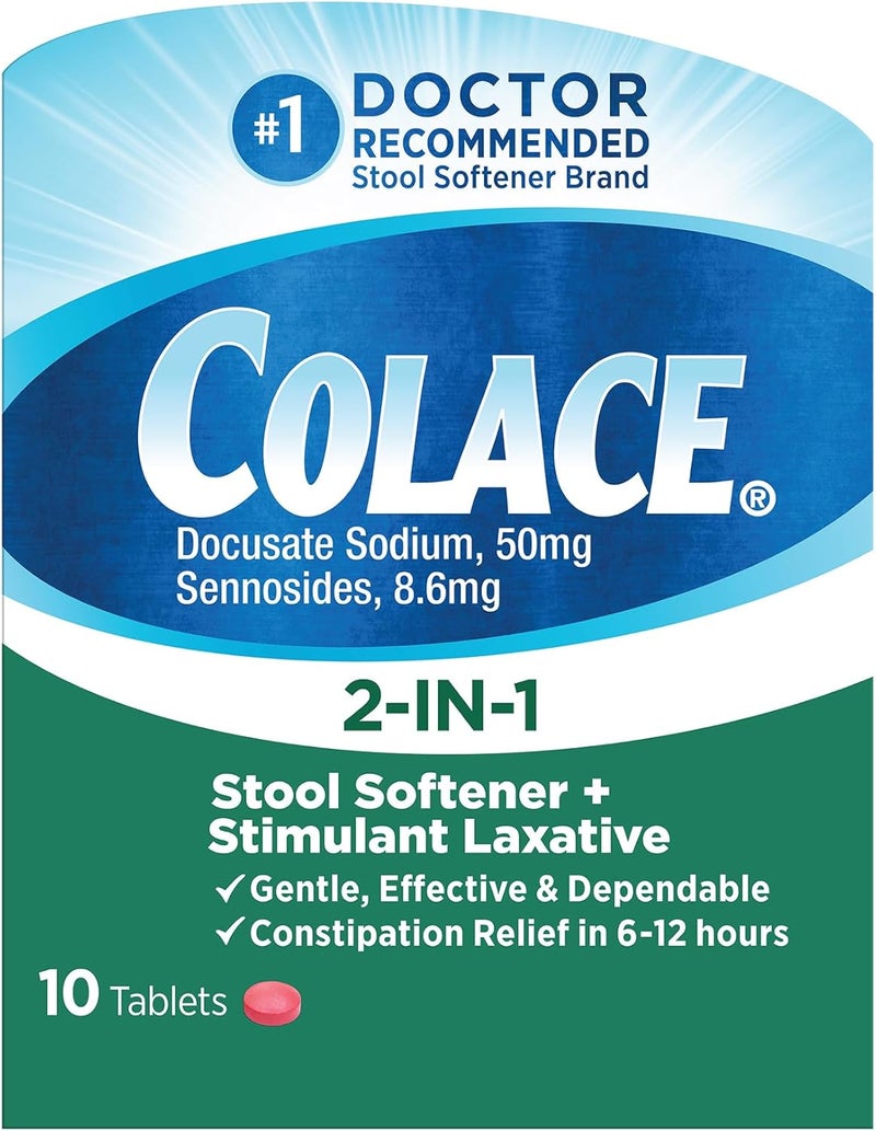 Colace 2-IN-1 Stool Softener & Stimulant Laxative Tablets, 10 Count, Gentle Constipation Relief In 6-12 Hours