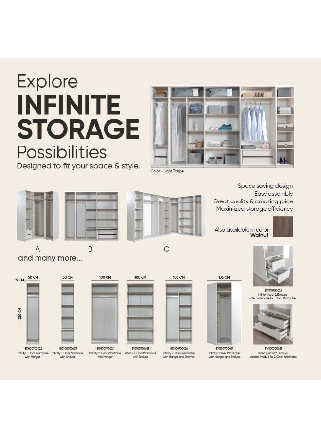 Infinity 2 Door Wardrobe With Shelves | Modular Wardrobe | Modern Design Storage For Bedroom L100xW59xH230cm - L.Taupe - Image 4