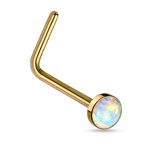 FIFTH CUE 20G Synthetic Opal Set Flat Top PVD Over 316L Surgical Steel L bend Stud Nose Rings (Gold) - Image 1