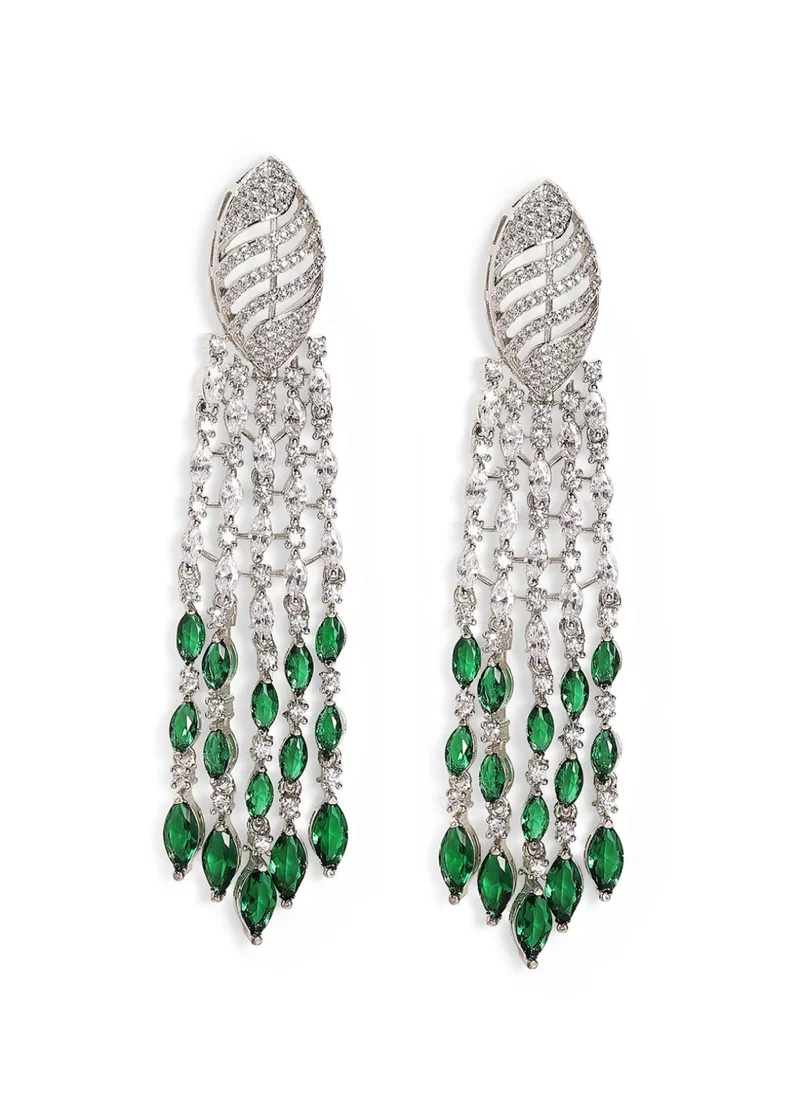 Priyaasi American Diamond Stone Studded Floral Teardrop Shaped Drop Earrings