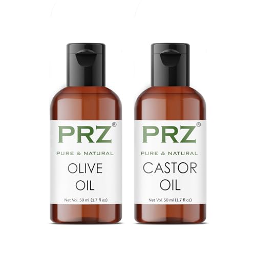 PRZ Combo of Extra Virgin Olive Oil & Castor Oil, 100% Pure Cold Pressed Oil for Hair, Skin and Body Massage (50ML Each) - Image 1