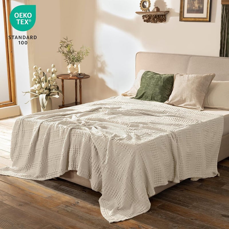 PHF بطانية الوافل القطنية من الخيزران كينغ (264 سم × 228 سم) للكنبة، السرير، مقاومة للتمزق لفصل الربيع والصيف خفيفة الوزن وقابلة للتنفس، كتان - Image 3