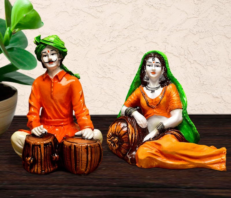 Karigaari India Handcrafted Traditions of Rajasthani Lady in Resting Posture and Man Playing Tabla Polyresine Showpiece for Home Decor. - Image 1