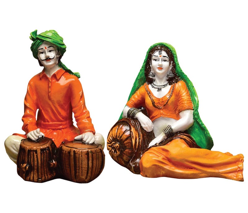 Karigaari India Handcrafted Traditions of Rajasthani Lady in Resting Posture and Man Playing Tabla Polyresine Showpiece for Home Decor. - Image 2