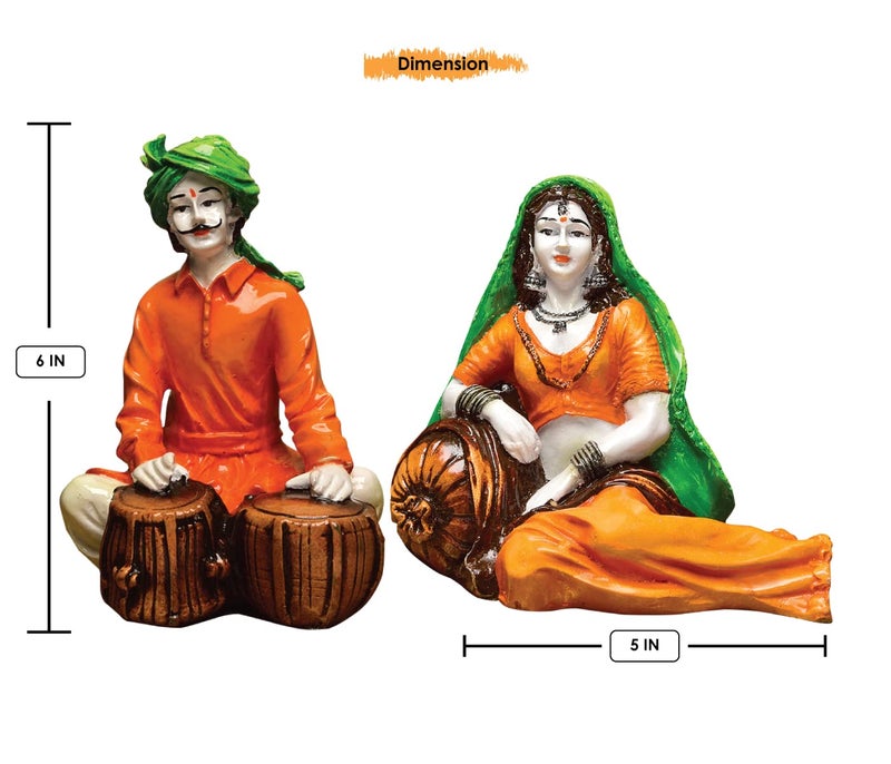 Karigaari India Handcrafted Traditions of Rajasthani Lady in Resting Posture and Man Playing Tabla Polyresine Showpiece for Home Decor. - Image 3