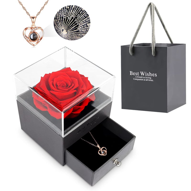 Foleto Real Preserved Rose - Eternal Handmade Rose with Love You Necklace, 1 Count, Red, 3.14 Inches, Traditional Style, Romantic, Stylish, Gift Set, 1 Pack - Image 1