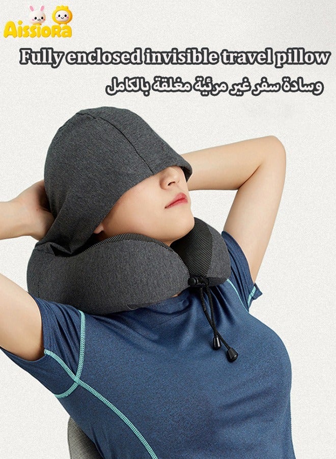 U-shaped travel pillow with hat, U-shaped neck pillow, Memory foam travel pillow, Wearing a hat to block light, Protecting privacy, Adult airplane pillows, Provide neck support, Portable pillow, Used for office car, train, long-distance flight, sleep (black) - Image 1