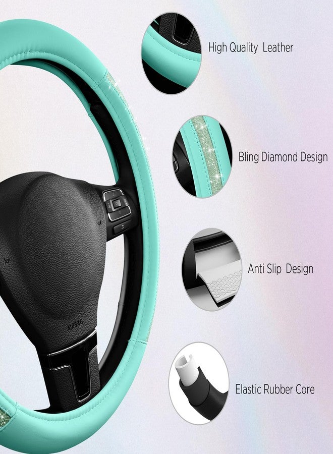 Road Comforts Steering Wheel Cover, Glitter Bling Leather Wheel Cover, Universal Fit 14.5"-15.5" Steering Wheels for Women & Girls, Anti-Slip Car Wheel Protector for Cars, Trucks, Vans, SUVs-Mint - Image 4